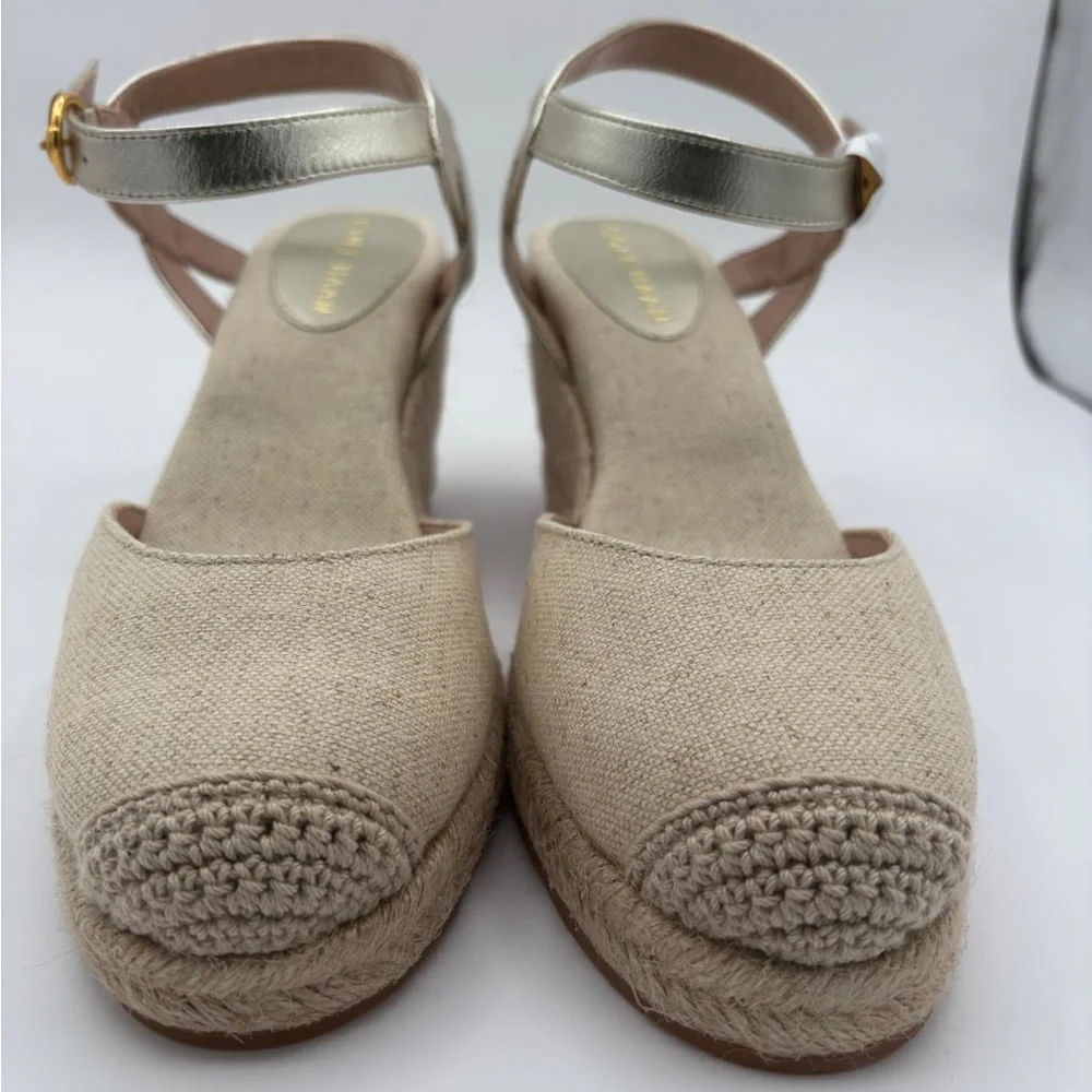 NWT Cole Haan Women Cloudfeel Espadrille Wedge Platform Linen Soft Gold Size 10